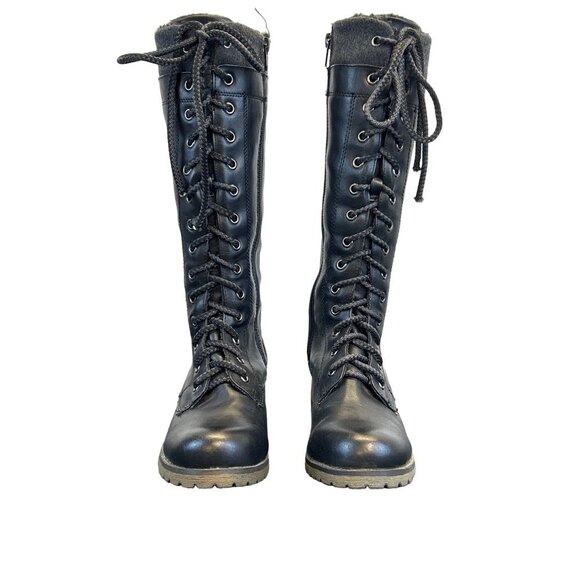Report Maxwell Women’s Tall Boots Combat MOTO Size 6 Black Faux Fur Lace Up Zip - Picture 1 of 13